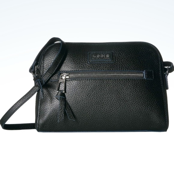 LODIS Black Pebbled Leather Charlotte Crossbody Bag with Blue Trim - Picture 1 of 14